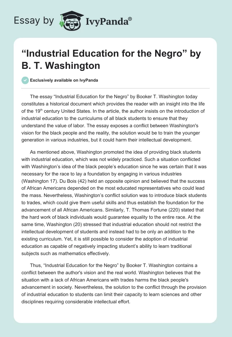 “Industrial Education for the Negro” by B. T. Washington. Page 1