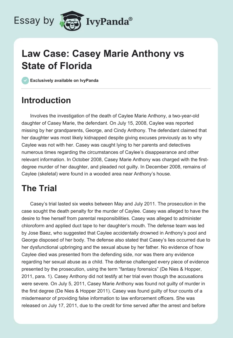 Law Case: Casey Marie Anthony vs State of Florida. Page 1