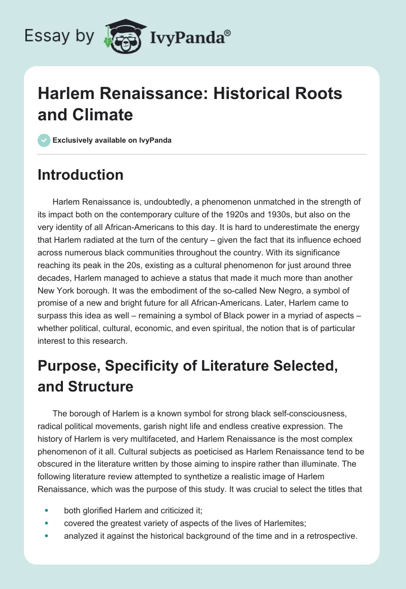 Harlem Renaissance: Historical Roots and Climate. Page 1