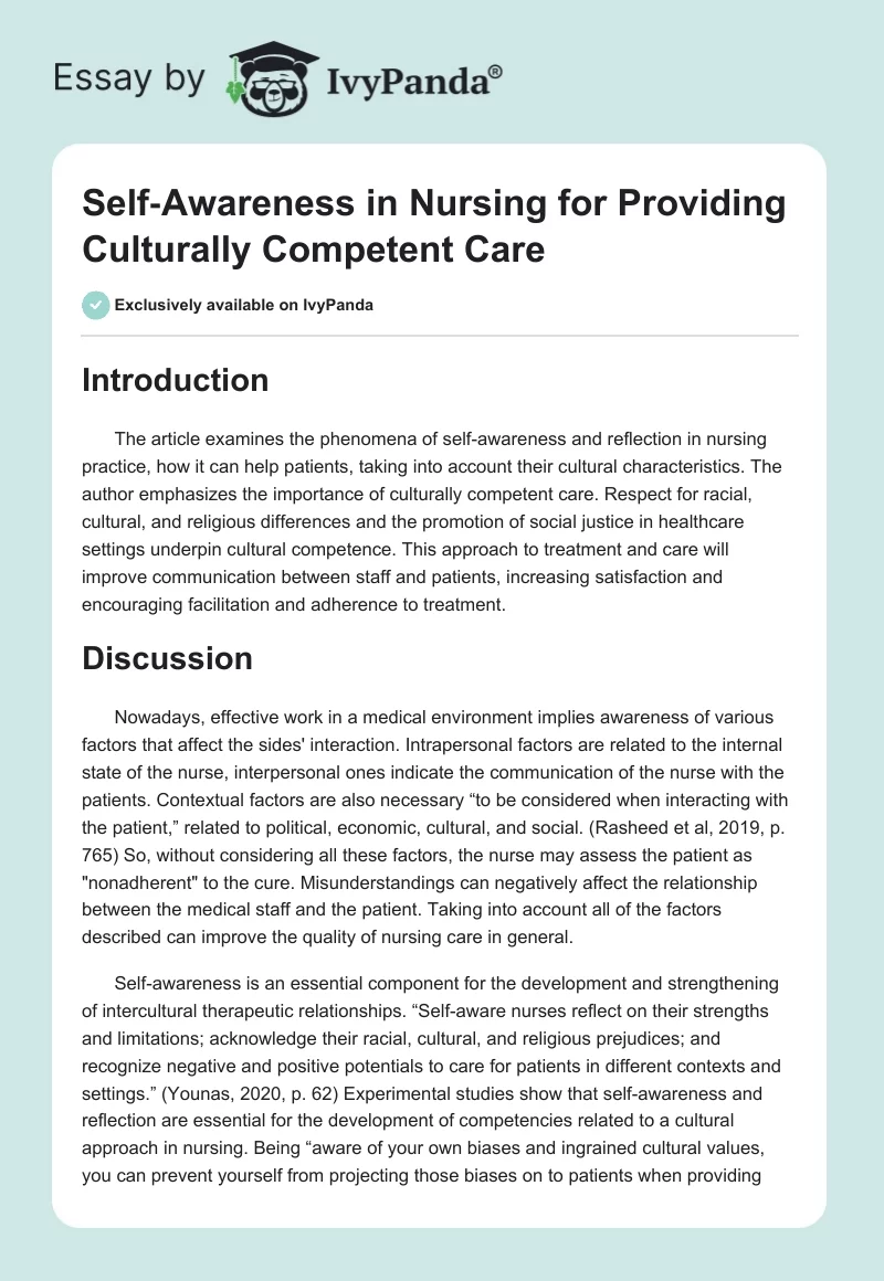 Self‐Awareness in Nursing for Providing Culturally Competent Care. Page 1