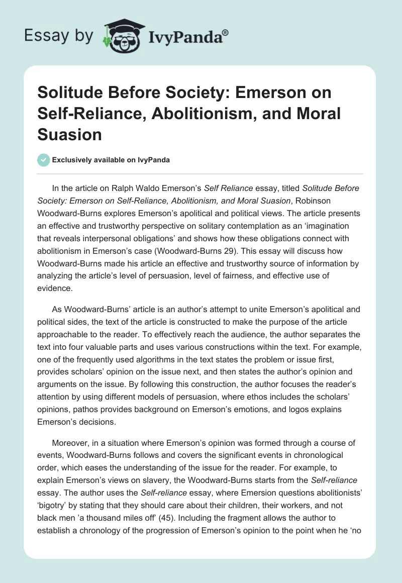 Solitude Before Society: Emerson on Self-Reliance, Abolitionism, and Moral Suasion. Page 1
