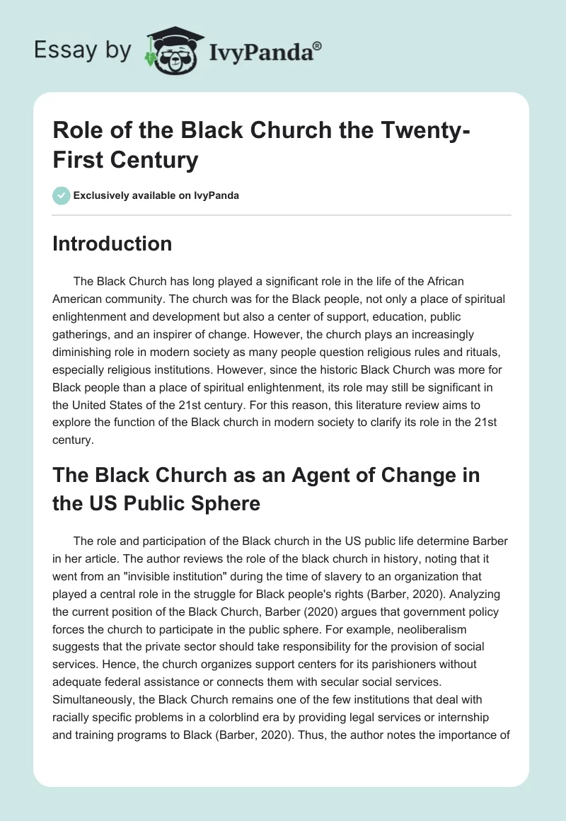 Role of the Black Church the Twenty-First Century. Page 1