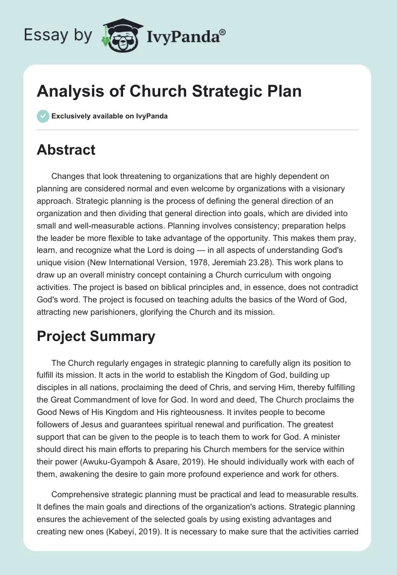 Analysis of Church Strategic Plan. Page 1