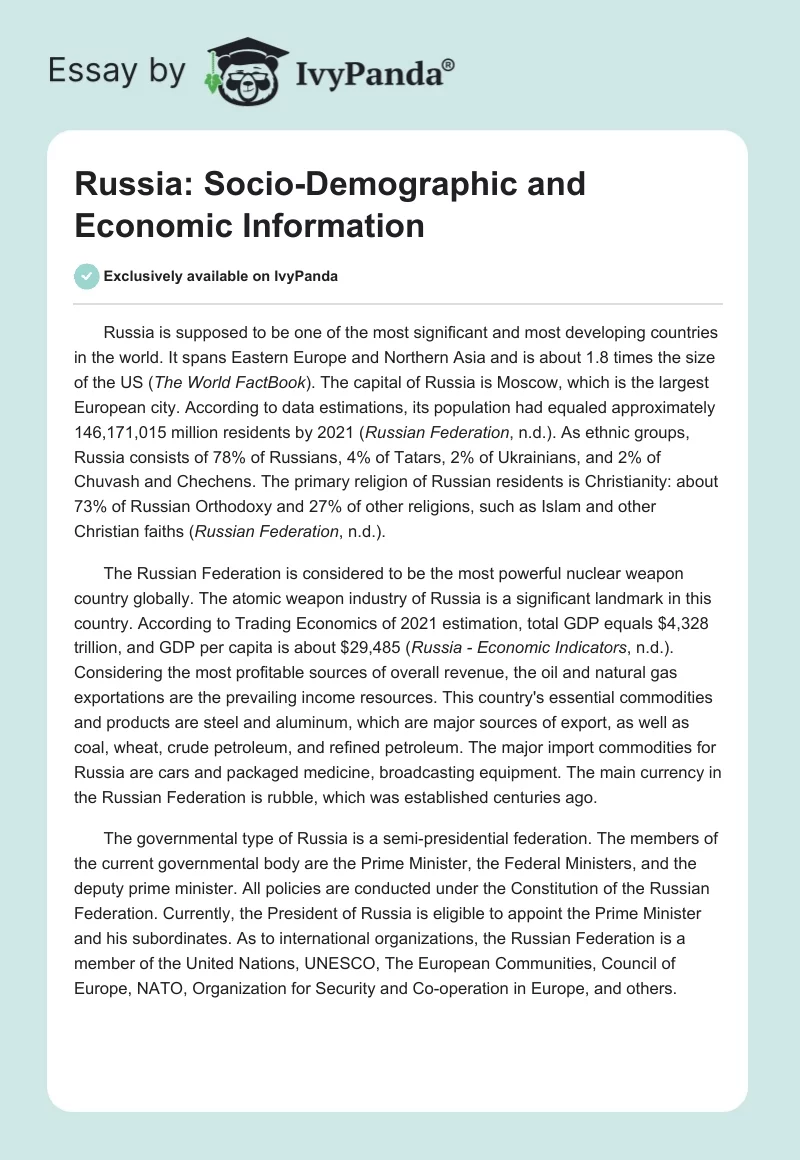 Russia: Socio-Demographic and Economic Information. Page 1