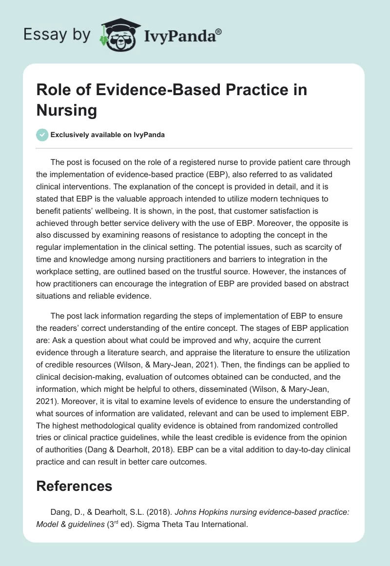 Role of Evidence-Based Practice in Nursing. Page 1
