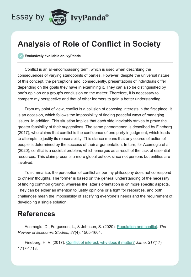 Analysis of Role of Conflict in Society. Page 1