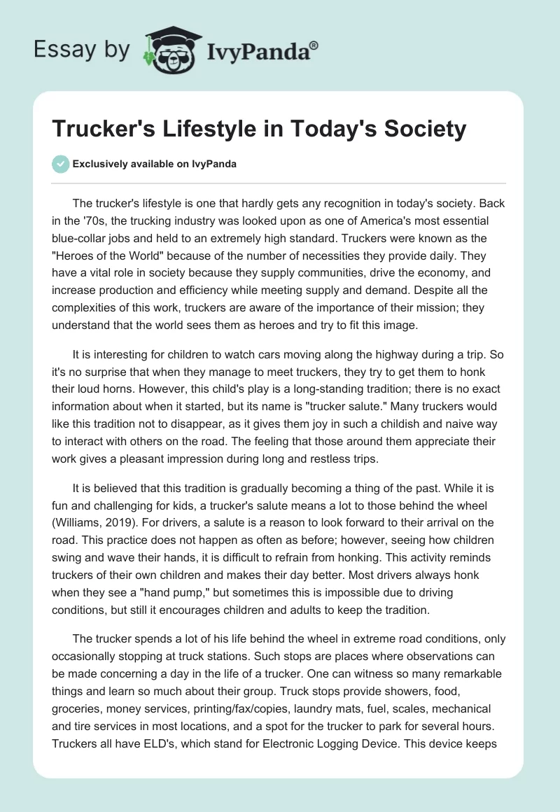 Trucker's Lifestyle in Today's Society. Page 1