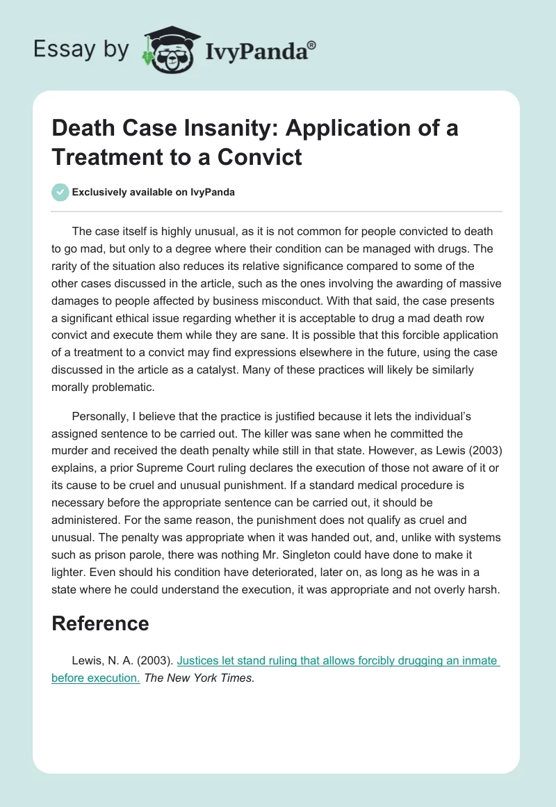 Death Case Insanity: Application of a Treatment to a Convict. Page 1