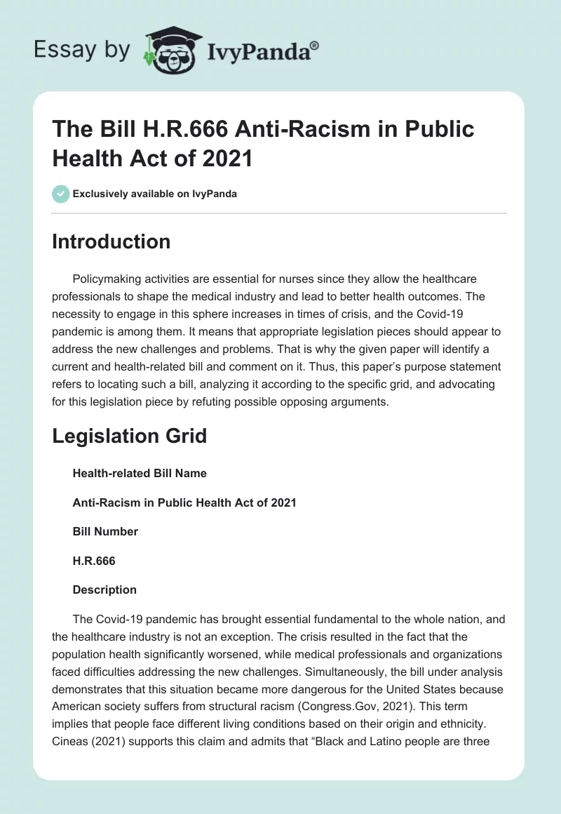 The Bill H.R.666 Anti-Racism in Public Health Act of 2021. Page 1