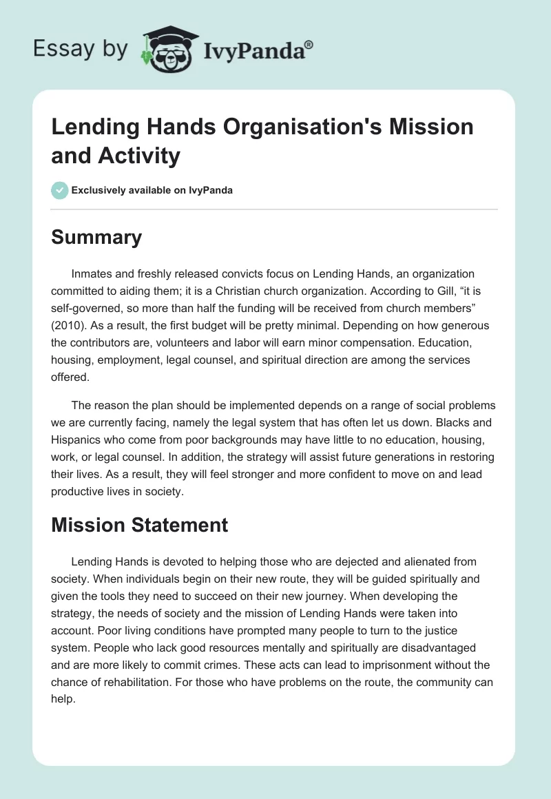 Lending Hands Organisation's Mission and Activity. Page 1