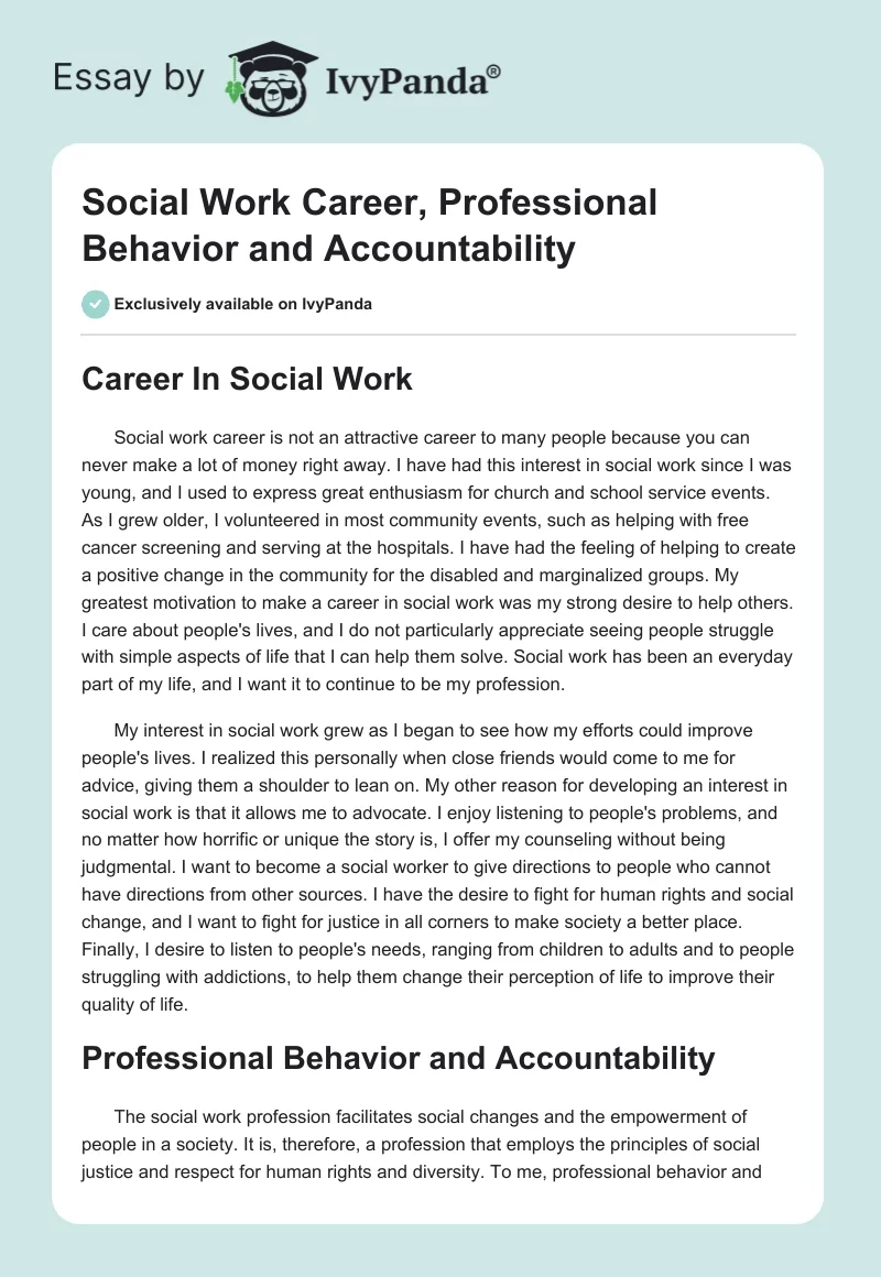 Social Work Career, Professional Behavior and Accountability. Page 1