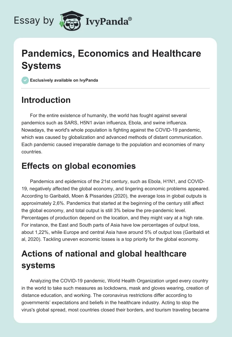 Pandemics, Economics and Healthcare Systems. Page 1