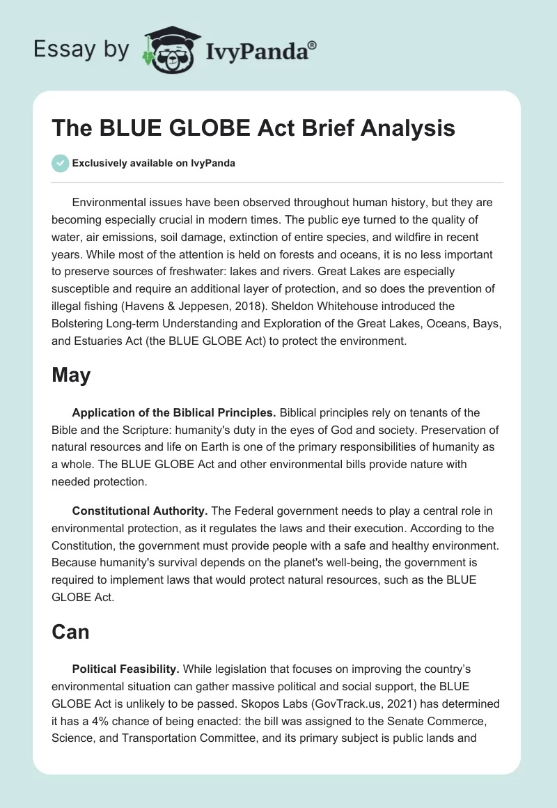 The BLUE GLOBE Act Brief Analysis. Page 1