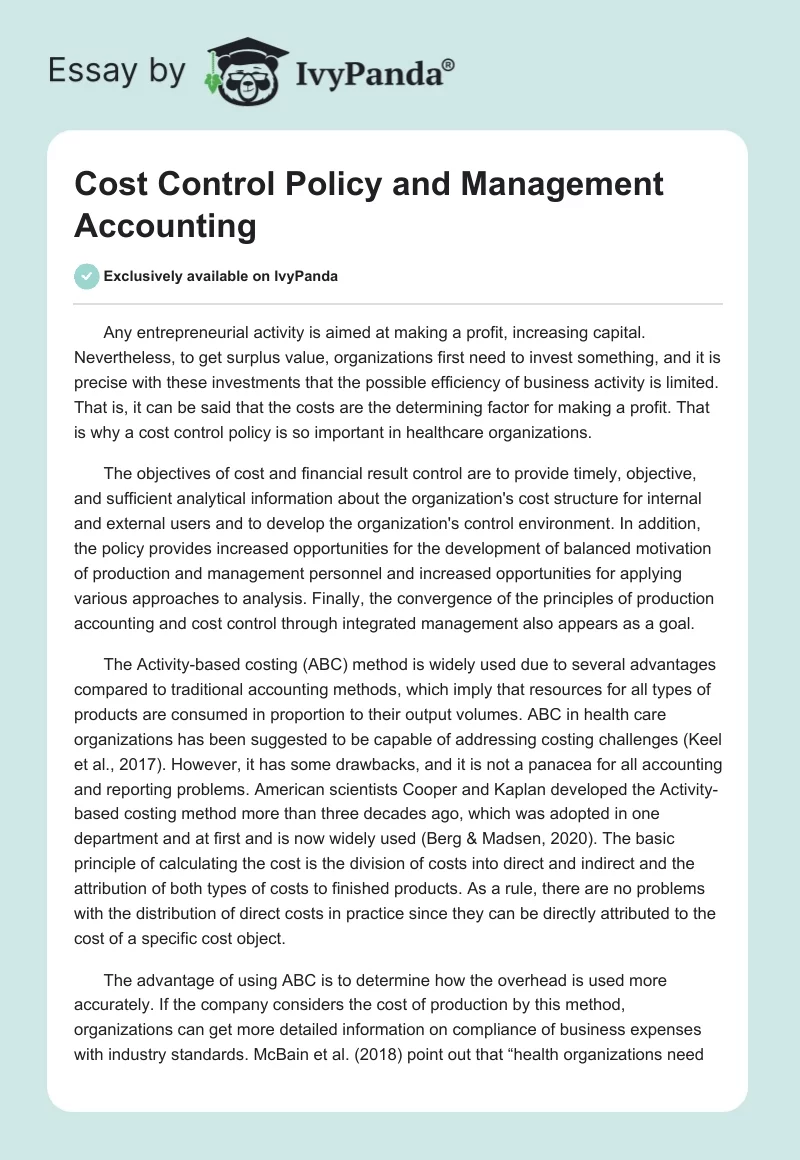 Cost Control Policy and Management Accounting. Page 1