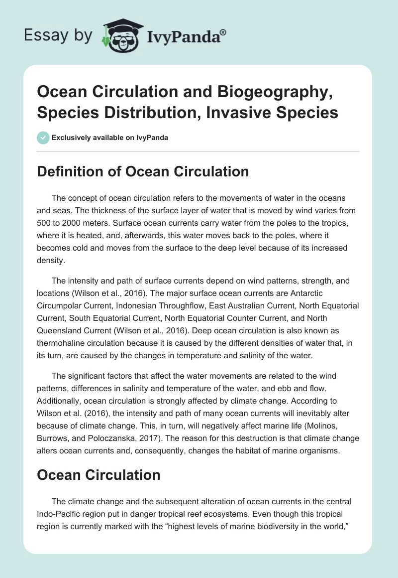 Ocean Circulation and Biogeography, Species Distribution, Invasive Species. Page 1