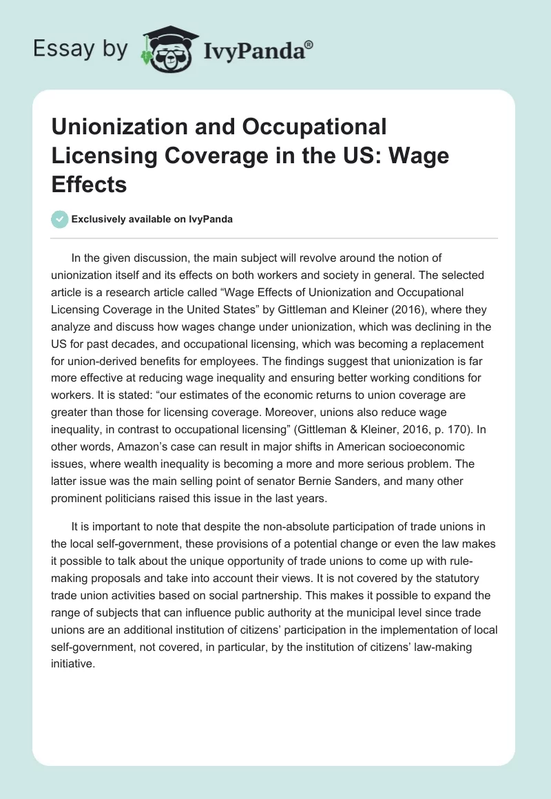 Unionization and Occupational Licensing Coverage in the US: Wage Effects. Page 1