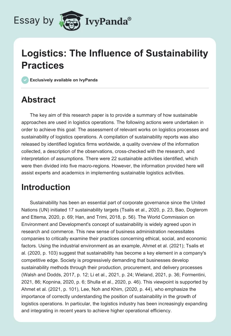 Logistics: The Influence of Sustainability Practices. Page 1