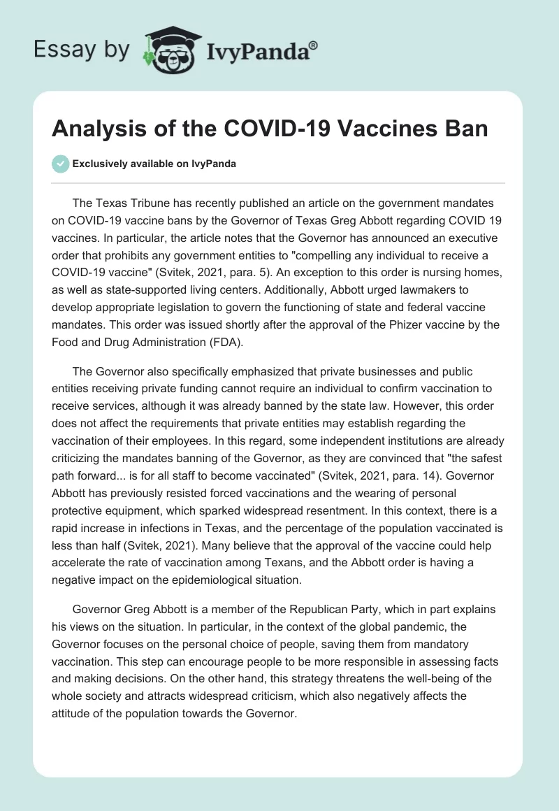 Analysis of the COVID-19 Vaccines Ban. Page 1