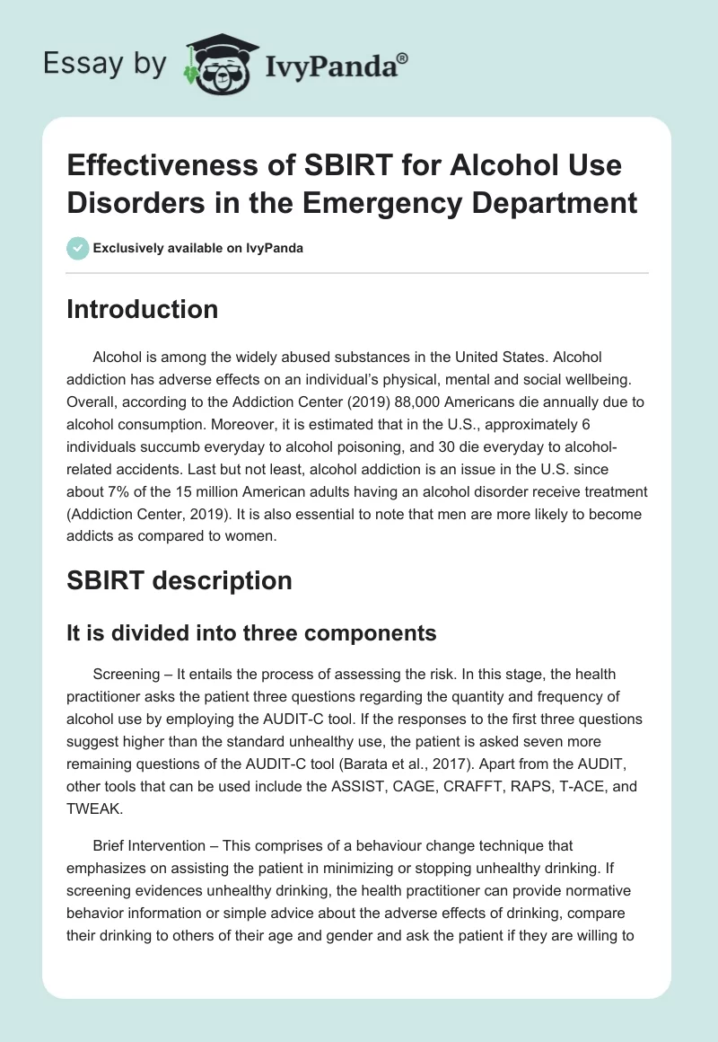 Effectiveness of SBIRT for Alcohol Use Disorders in the Emergency Department. Page 1