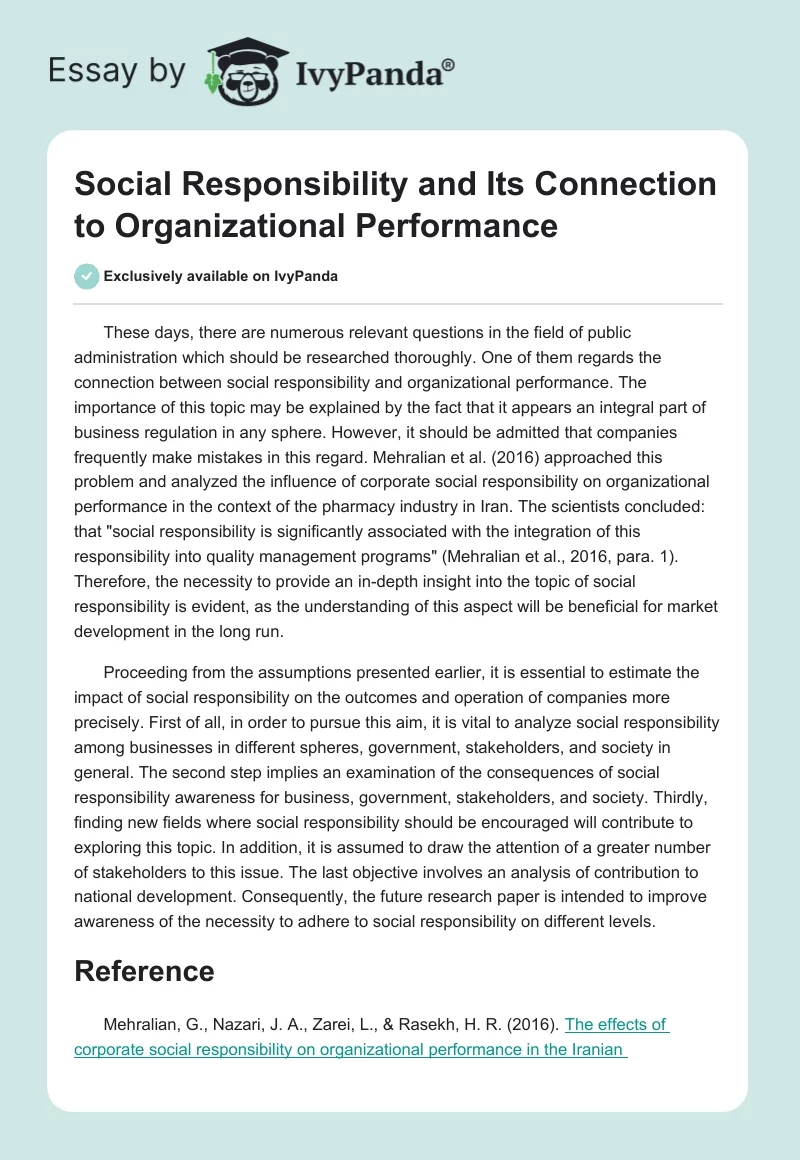 Social Responsibility and Its Connection to Organizational Performance. Page 1