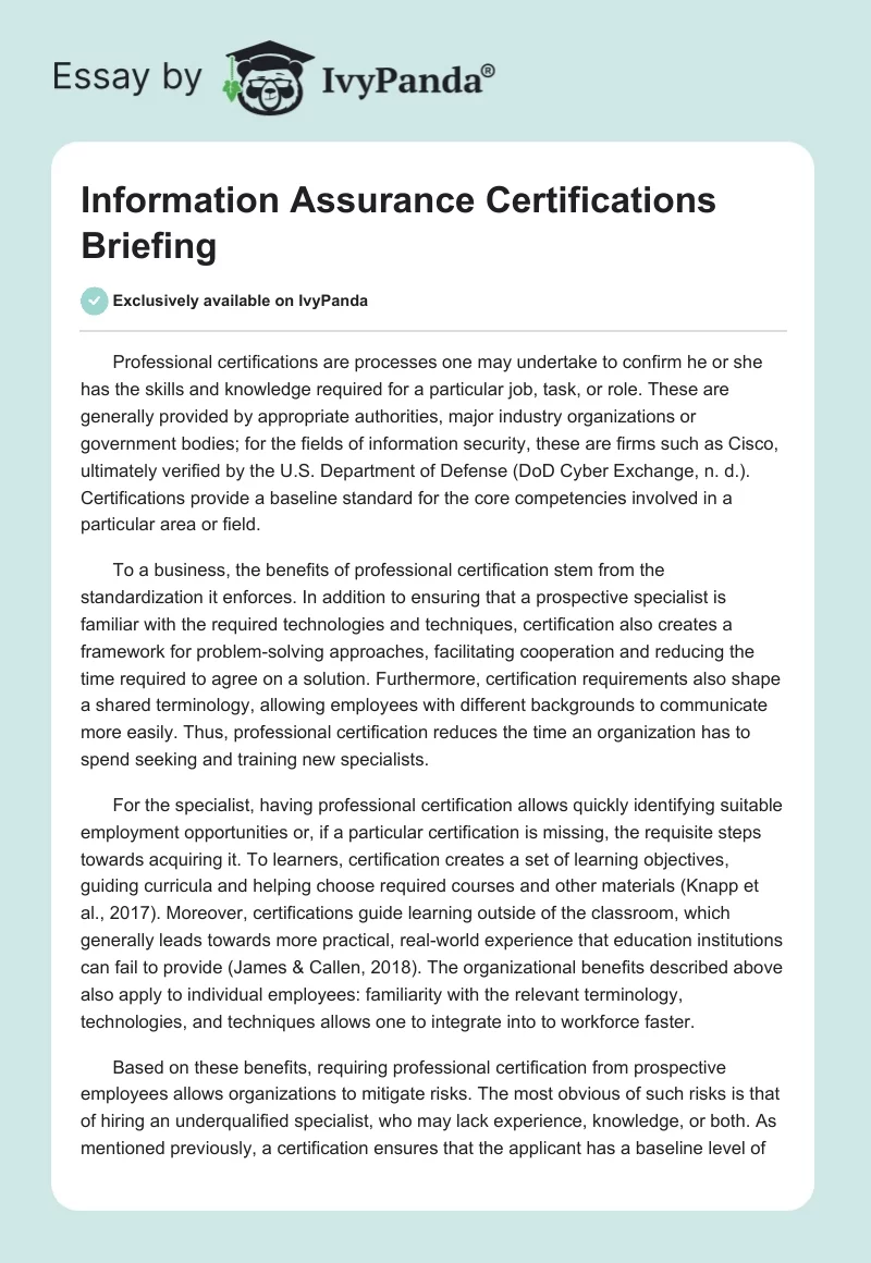 Information Assurance Certifications Briefing. Page 1