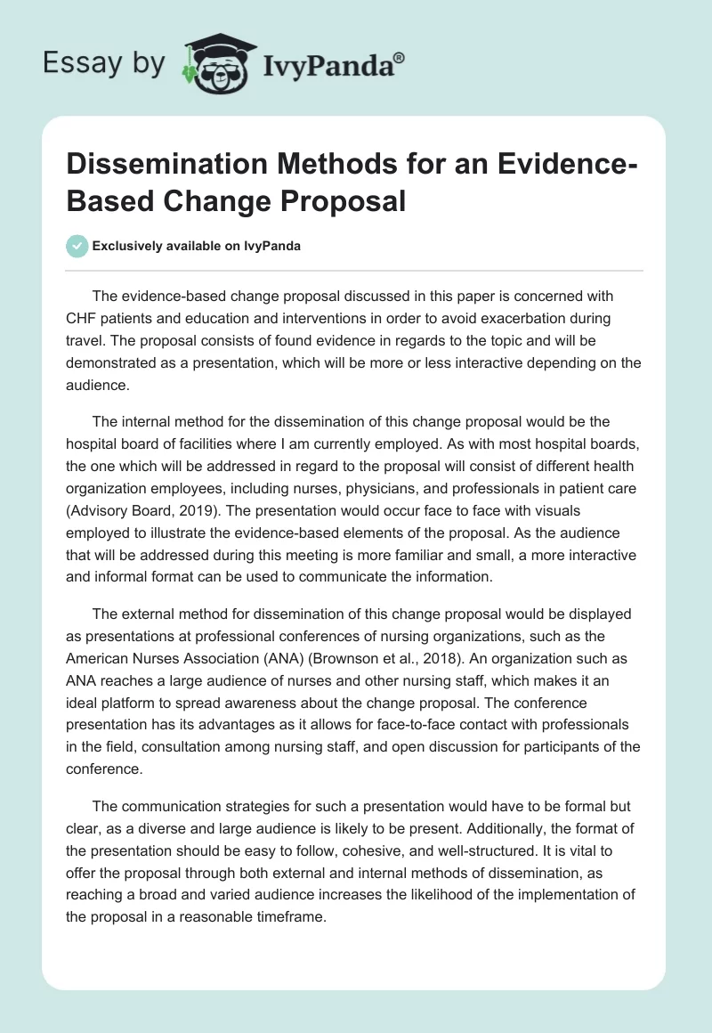 Dissemination Methods for an Evidence-Based Change Proposal. Page 1