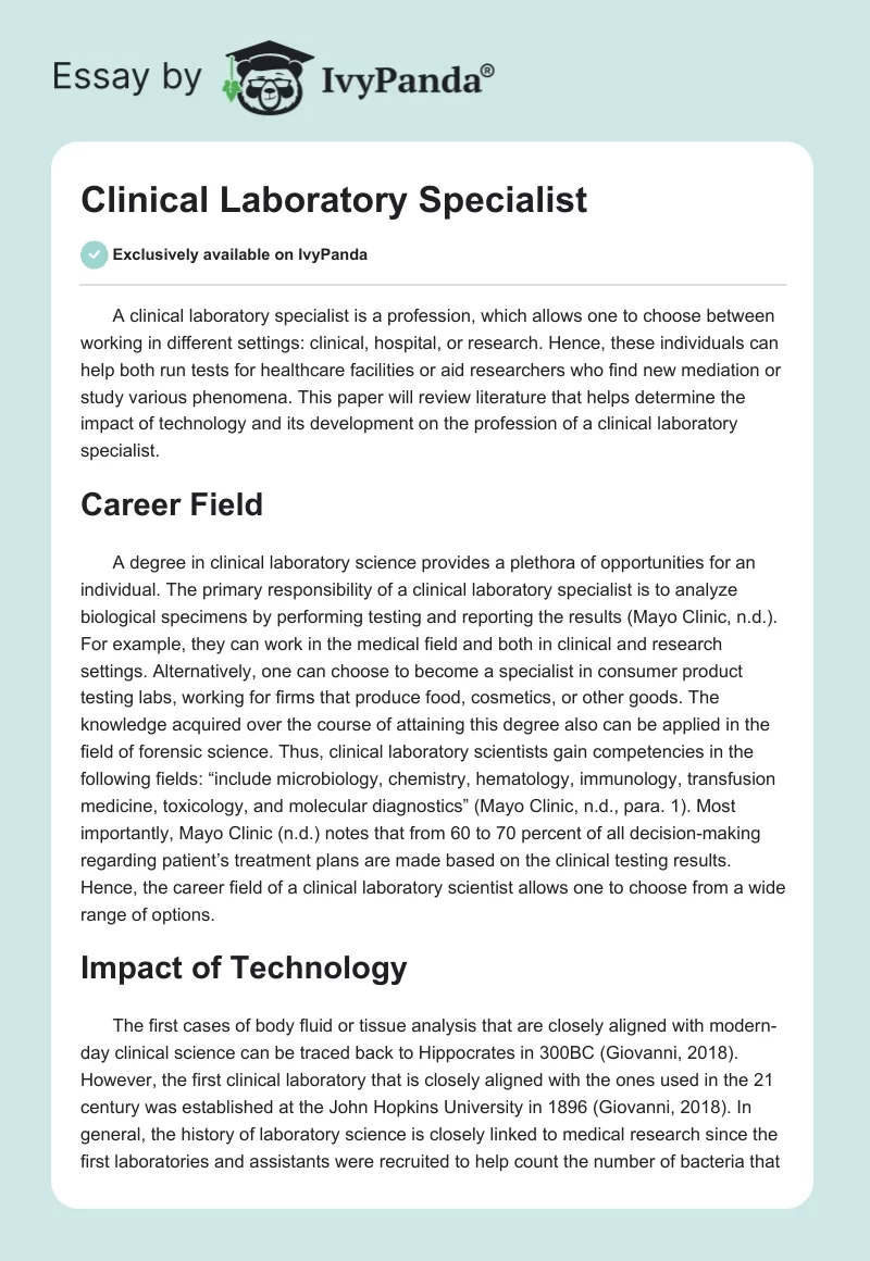 Clinical Laboratory Specialist. Page 1