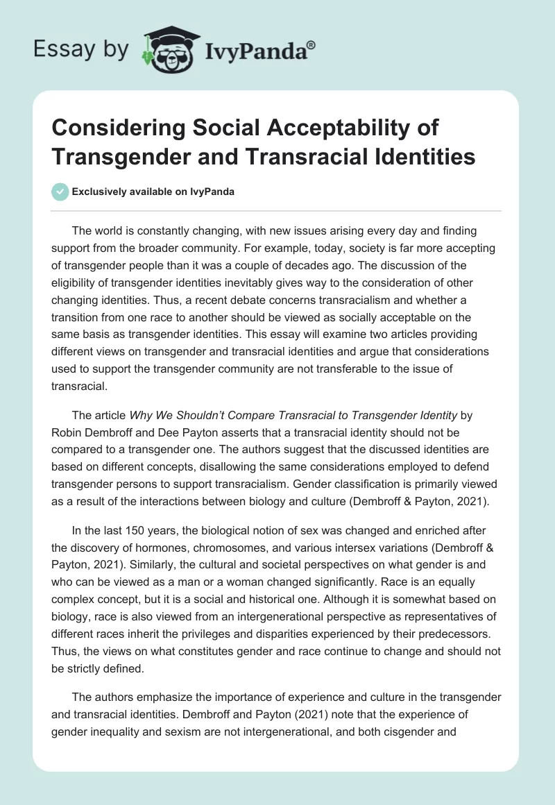 Considering Social Acceptability of Transgender and Transracial Identities. Page 1