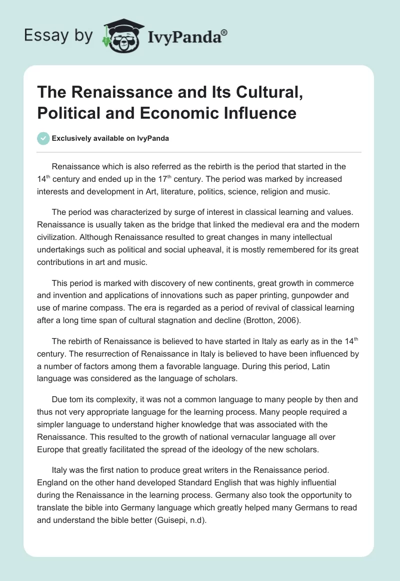 The Renaissance and Its Cultural, Political and Economic Influence. Page 1