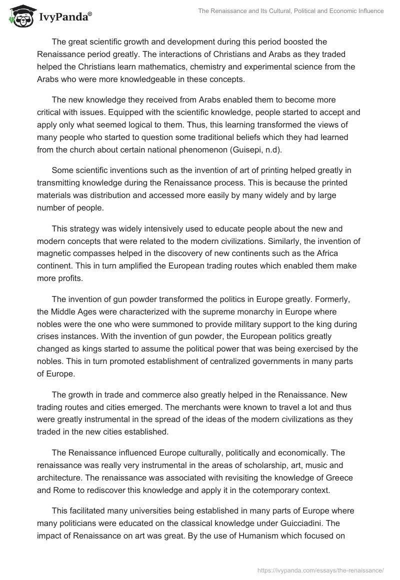 The Renaissance and Its Cultural, Political and Economic Influence. Page 2