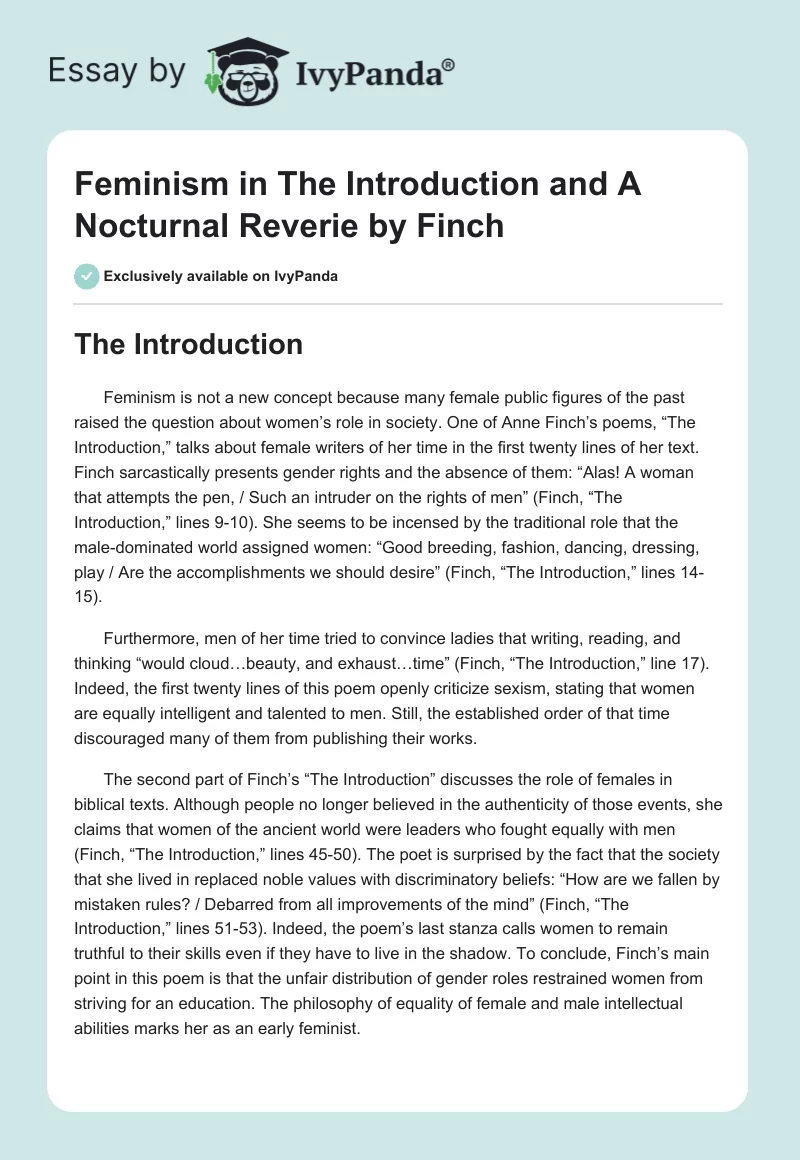 Feminism in "The Introduction" and "A Nocturnal Reverie" by Finch. Page 1
