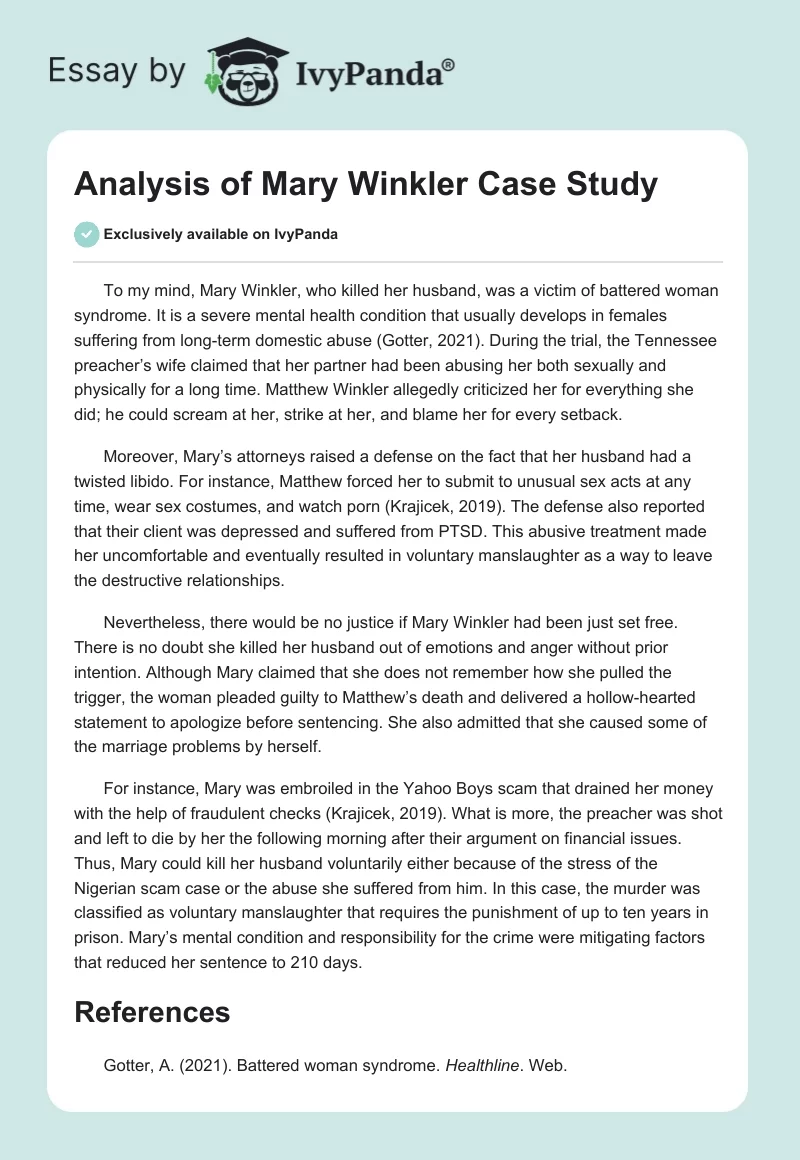 Analysis of Mary Winkler Case Study. Page 1