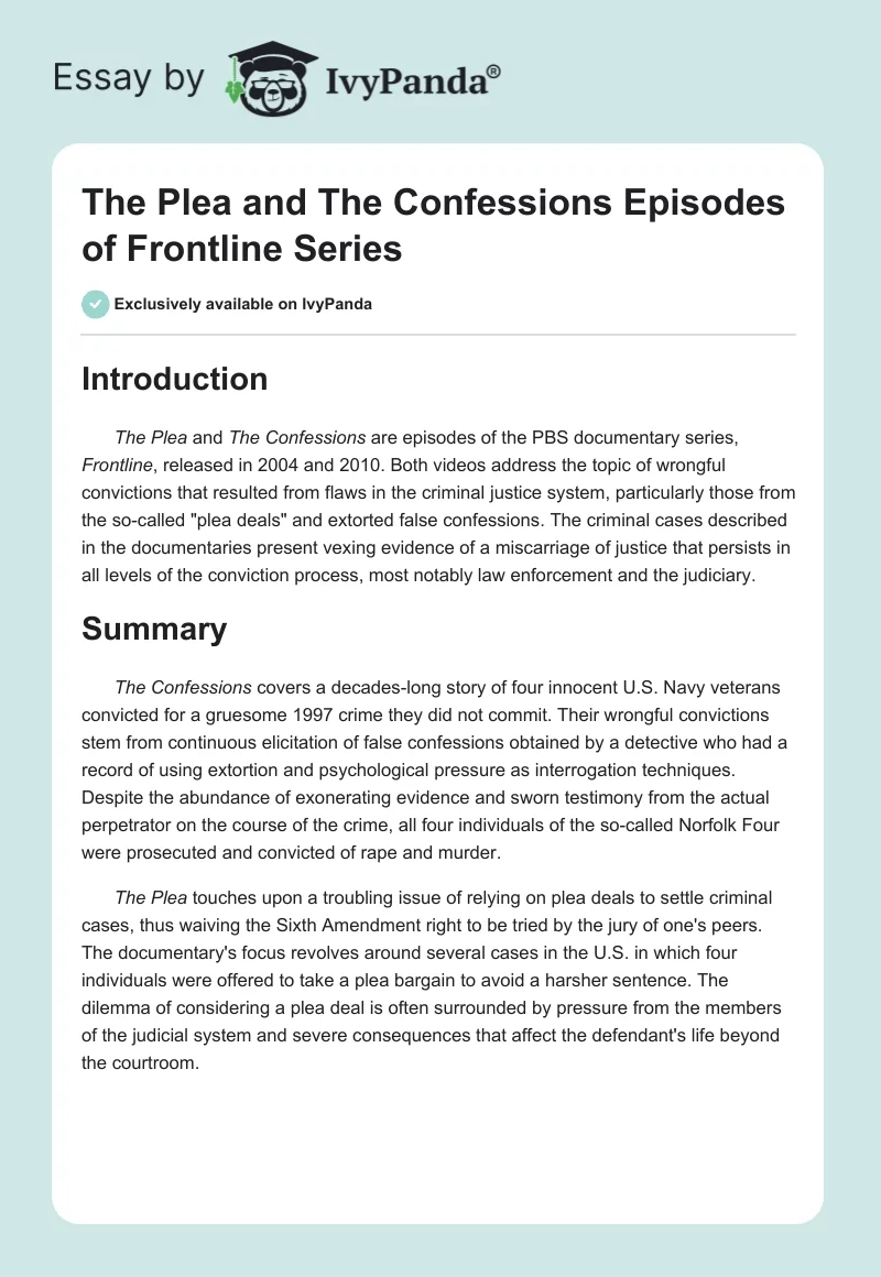 The Plea and The Confessions Episodes of Frontline Series. Page 1