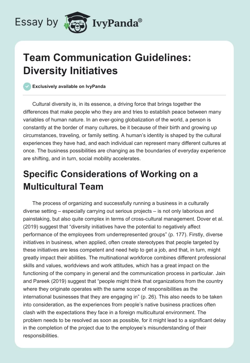 Team Communication Guidelines: Diversity Initiatives. Page 1