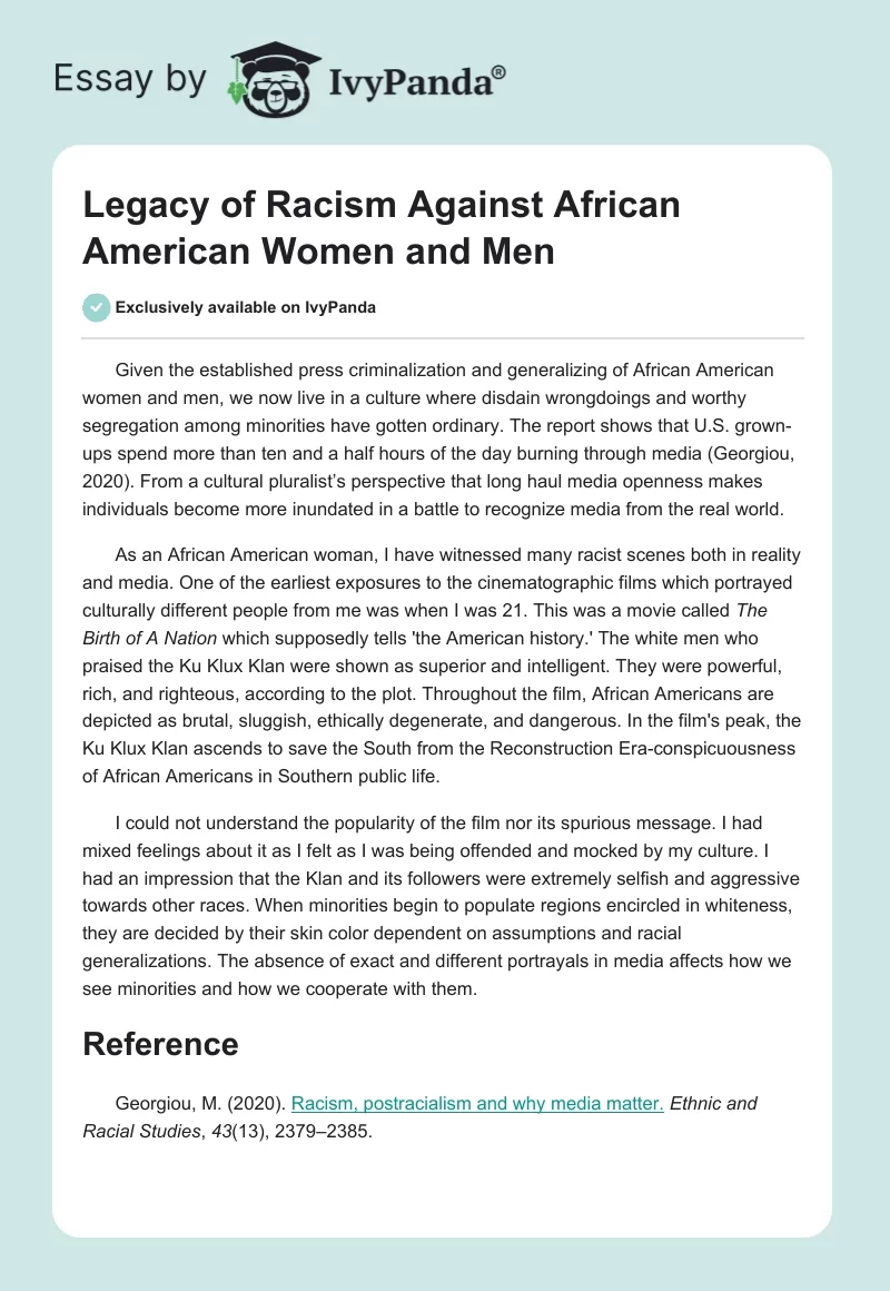 Legacy of Racism Against African American Women and Men. Page 1