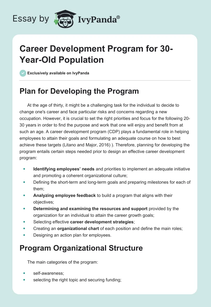 Career Development Program for 30-Year-Old Population. Page 1