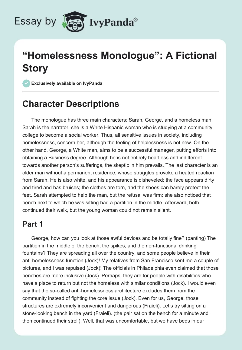 “Homelessness Monologue”: A Fictional Story. Page 1