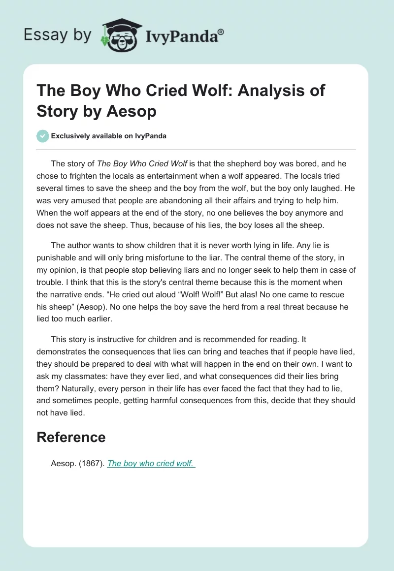 The Boy Who Cried Wolf: Analysis of Story by Aesop. Page 1