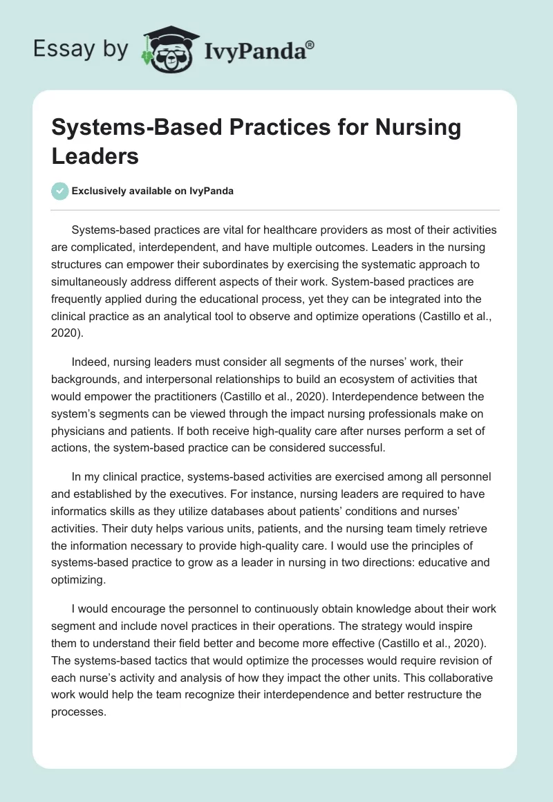 Systems-Based Practices for Nursing Leaders. Page 1