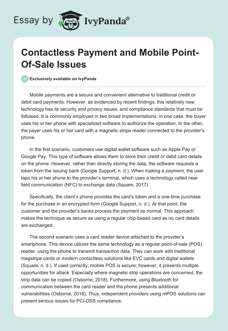 Contactless Payment and Mobile Point-Of-Sale Issues. Page 1