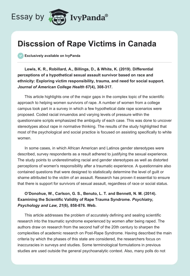 Discssion of Rape Victims in Canada. Page 1