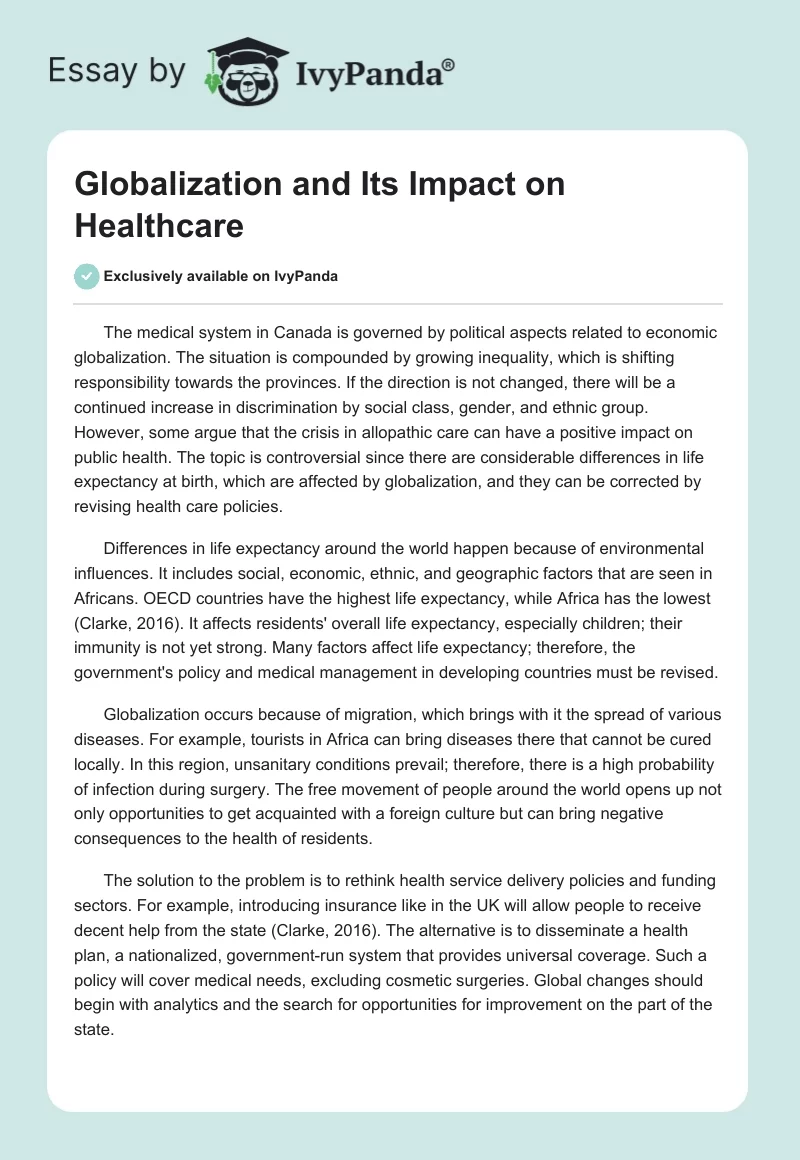 Globalization and Its Impact on Healthcare. Page 1