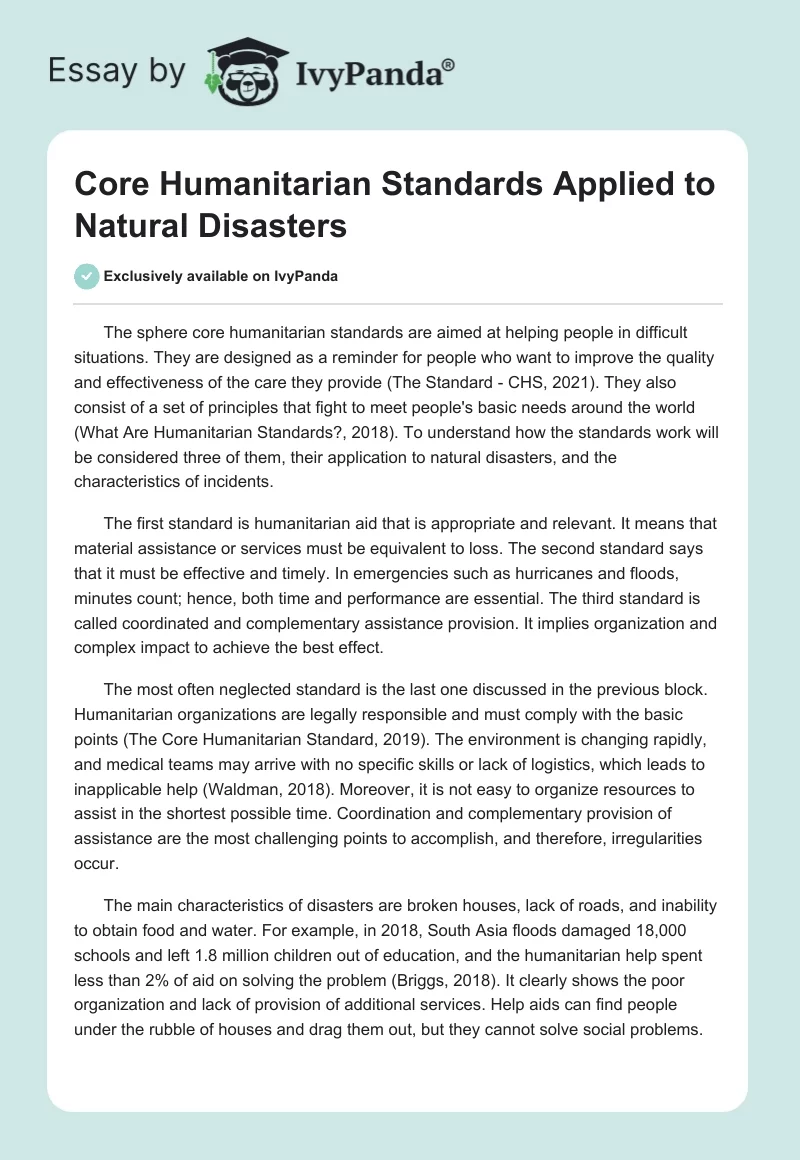 Core Humanitarian Standards Applied to Natural Disasters. Page 1