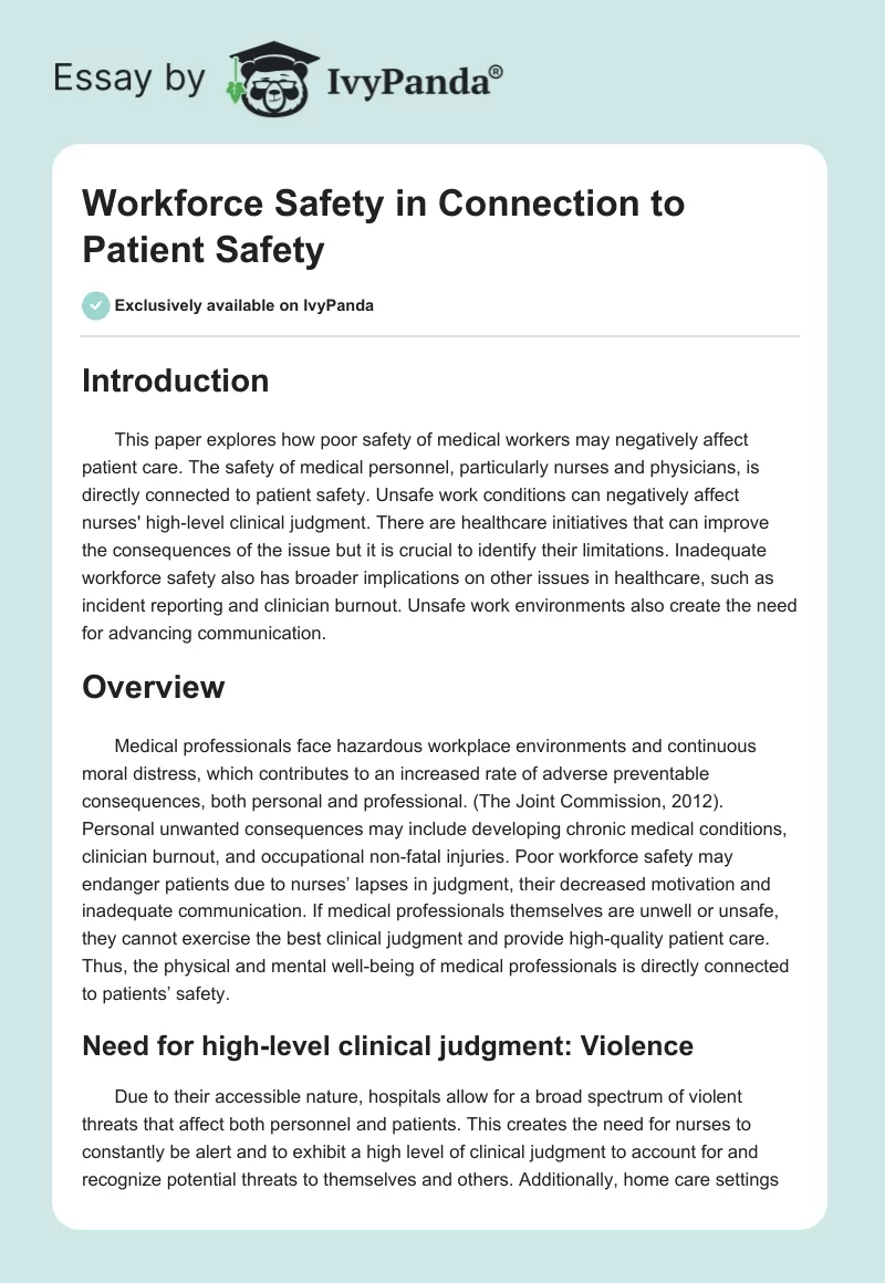 Workforce Safety in Connection to Patient Safety. Page 1