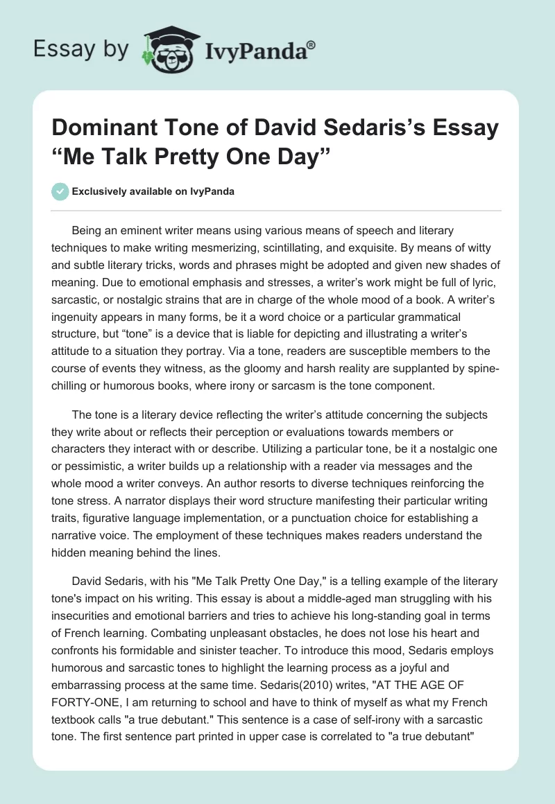 Dominant Tone of David Sedaris’s Essay “Me Talk Pretty One Day”. Page 1