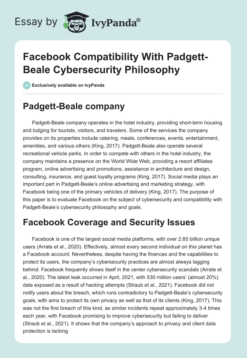 Facebook Compatibility With Padgett-Beale Cybersecurity Philosophy. Page 1