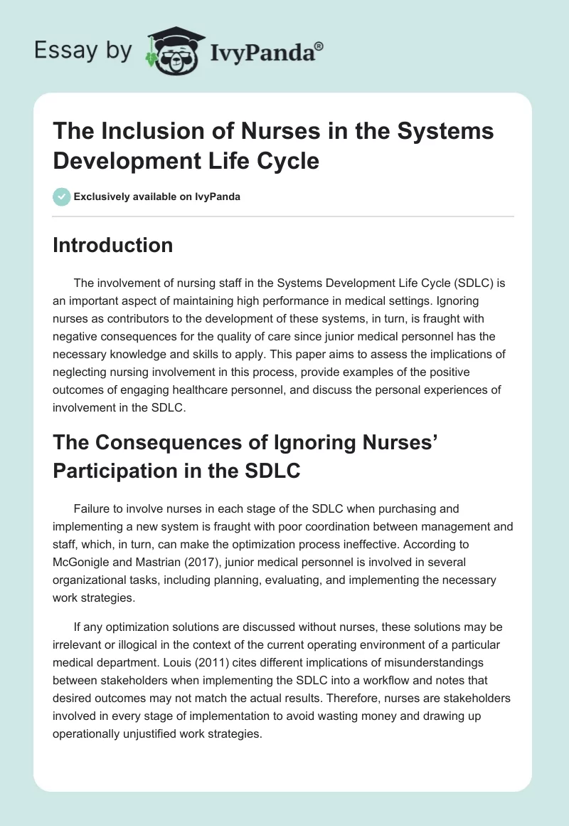 The Inclusion of Nurses in the Systems Development Life Cycle. Page 1