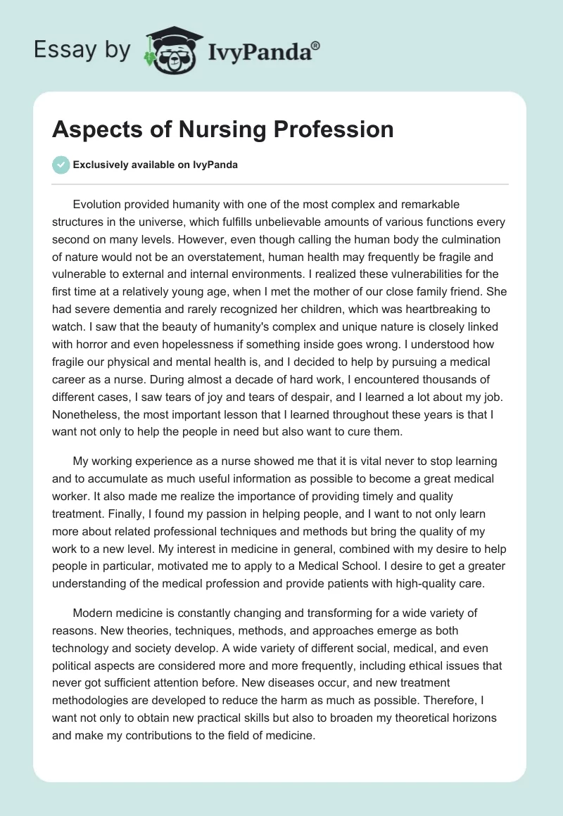 nursing as a profession essay 250 words