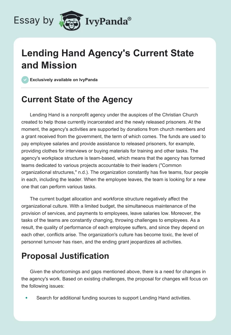 Lending Hand Agency's Current State and Mission. Page 1