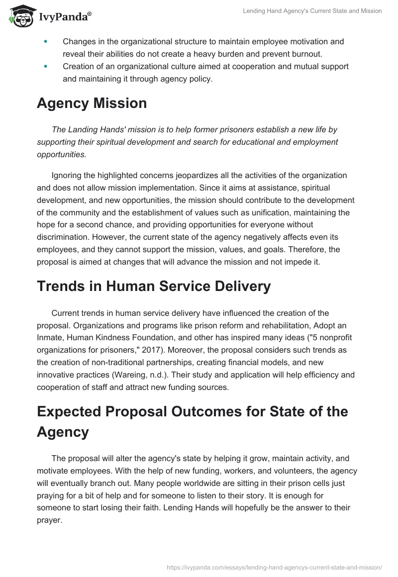Lending Hand Agency's Current State and Mission. Page 2